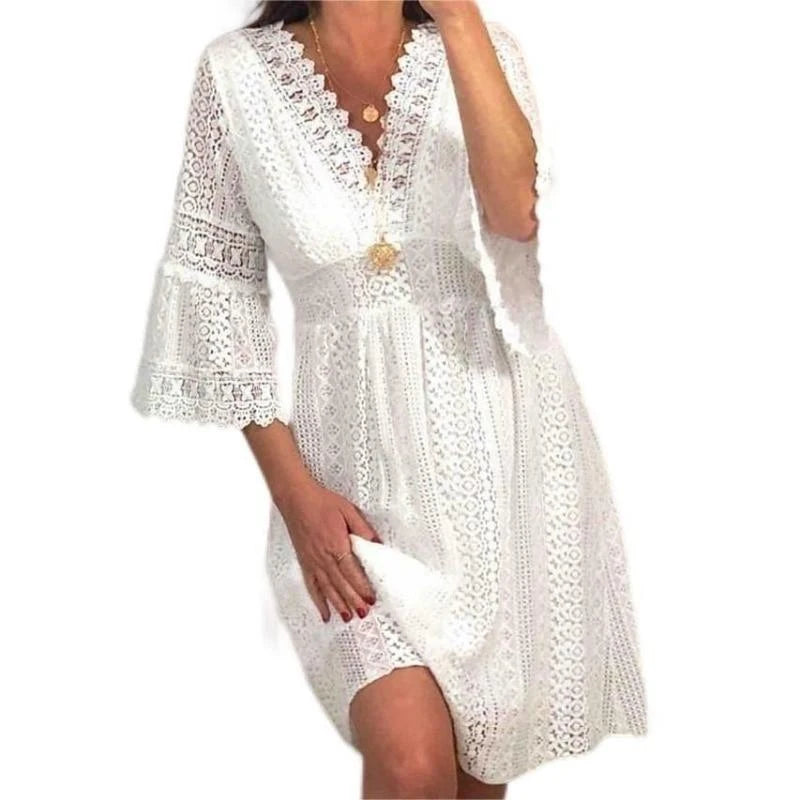 Elegant Summer White Lace Dress: High Waist Flare Sleeve V-Neck A-Line