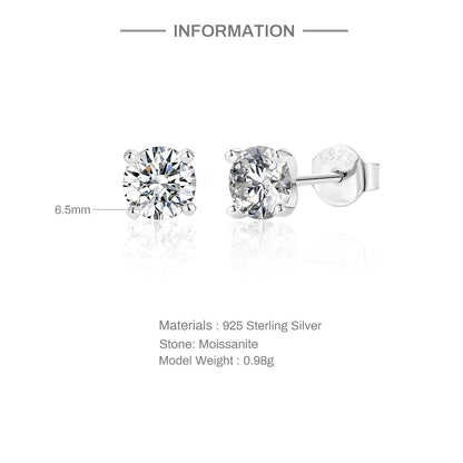 Sterling Silver Moissanite Earrings: 0.5-1.2 Carat D Color Fine Jewelry