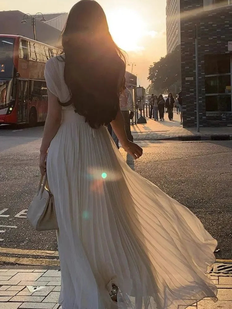 High Waist Pleated Long Dress: 2024 Summer Wedding Robe for Women