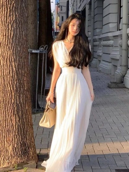 High Waist Pleated Long Dress: 2024 Summer Wedding Robe for Women