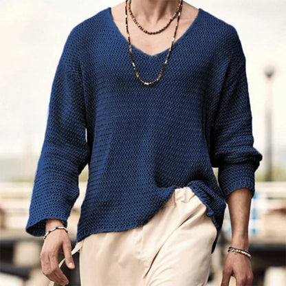 Loose Casual T-Shirt: Solid Color Hollow Out Long Sleeve for Men