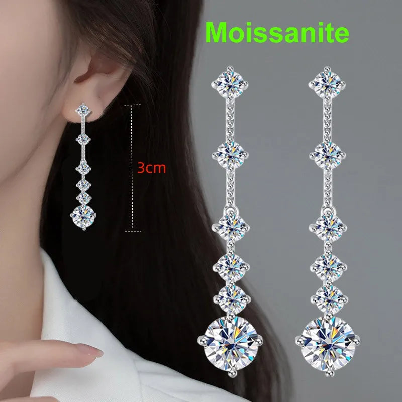 Sterling Silver Moissanite Dangle Earrings: 3ct D Color VVS1 Tassel Ear Drops