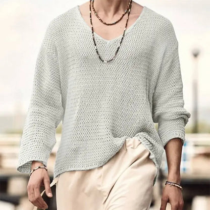 Loose Casual T-Shirt: Solid Color Hollow Out Long Sleeve for Men