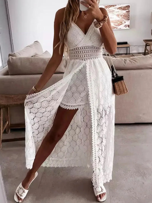 Boho Hollow Out Floral Lace Dress: Spaghetti Straps Sleeveless Playsuit